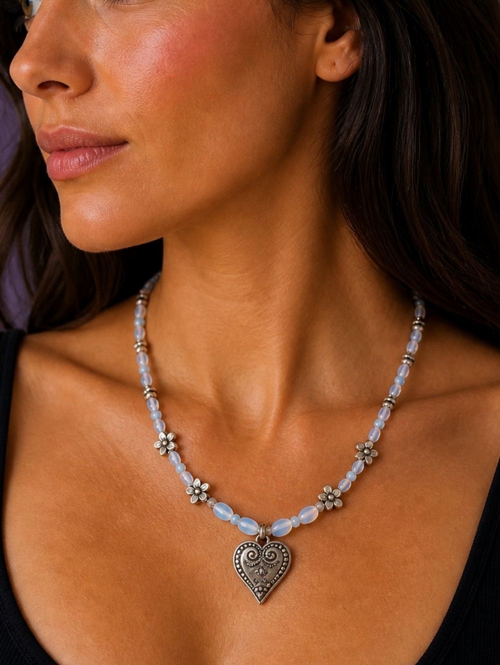 Handmade Opalite Powder Blue Beaded Floral Heart Pendant Fairycore Necklace